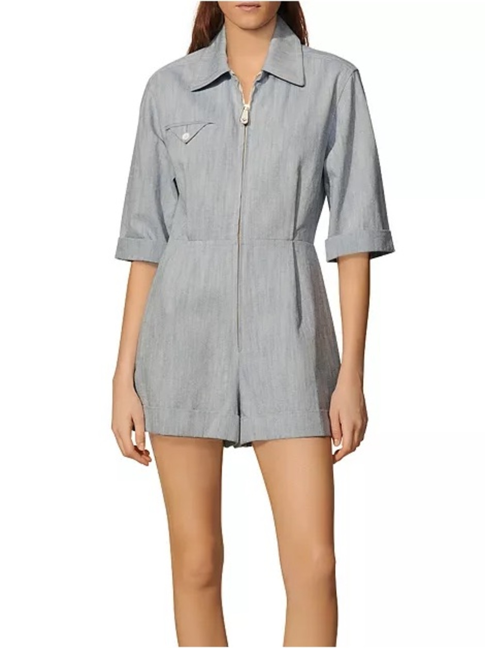 Sandro Alma Chambray Cuffed Hem Romper FR 36 US 4 Light Blue